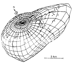 Shape model of Gaspra showing the locations of the grooves